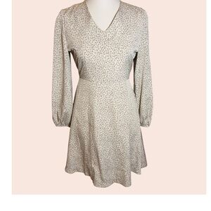 V-Neck Cream Floral Midi Dress with Long Sleeves